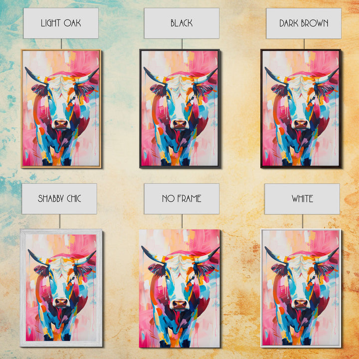 Vibrant Cow Head in Bold Colors - Framed Canvas Print, Modern Wall Art, Living Room Decor Colorful Animal Artwork, Cow Portrait, Bedroom Art