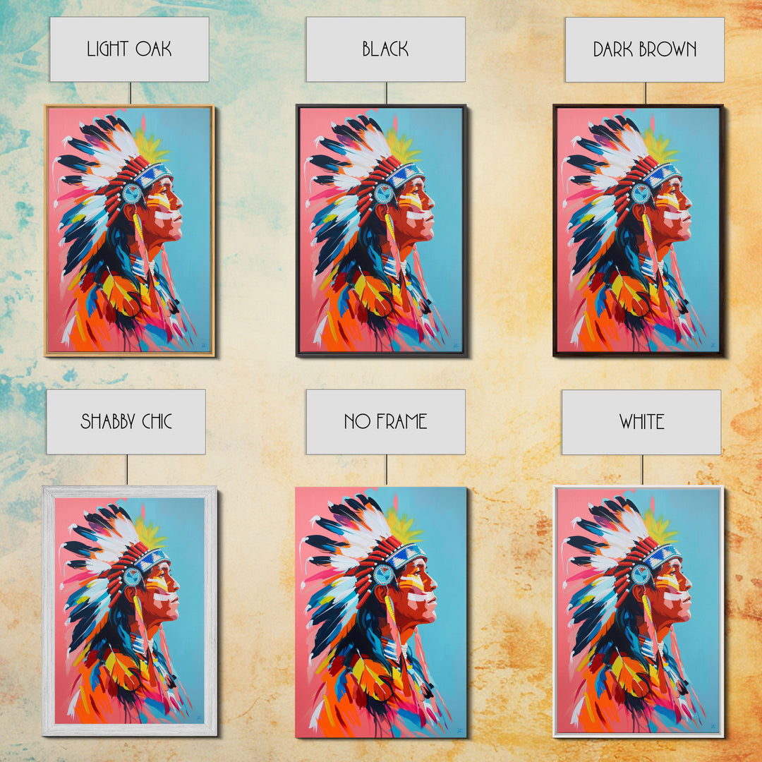 Colorful Native American Portrait - Framed Canvas Print, Vibrant Wall Art, Modern Living Room Decor, Bold Cultural Artwork, Native Art Print