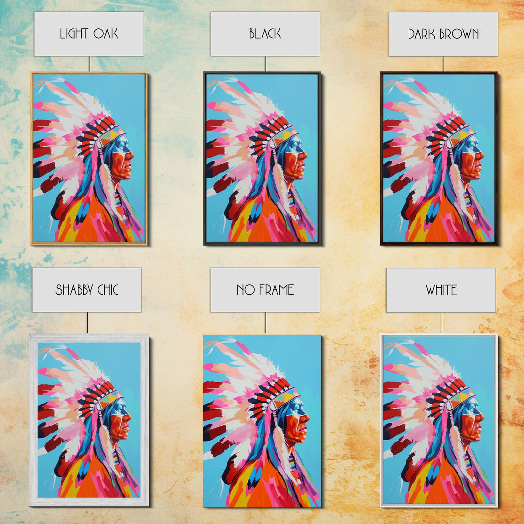 Vibrant Native American Chief Framed Canvas Print - Bold Wall Art, Living Room Decor, Colorful Tribal Art for Bedroom, Home Decor
