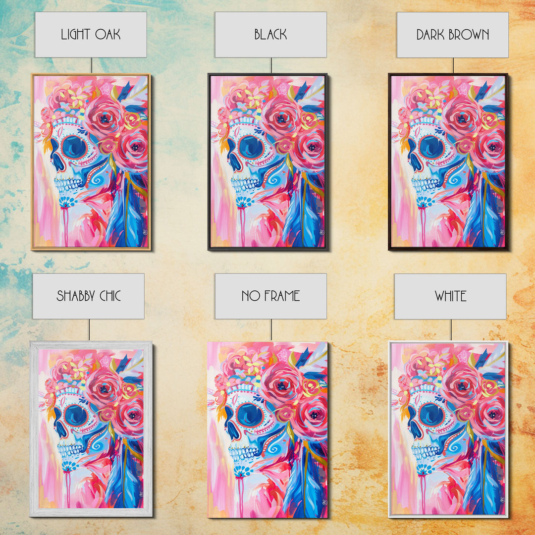 Floral Sugar Skull Framed Canvas Print - Day of the Dead Art, Colorful Wall Art, Living Room Decor, Mexican Folk Art for Bedroom