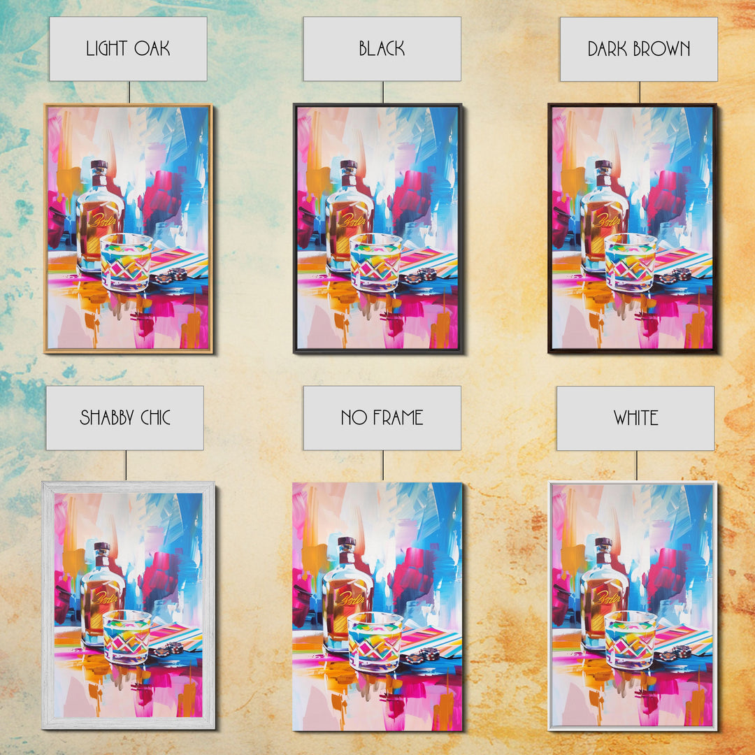 Colorful Whiskey Bottle and Glass Framed Canvas Print - Modern Bar Art, Living Room Decor, Vibrant Wall Art for Home Decoration