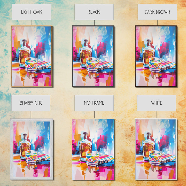 Colorful Whiskey Bottle and Glass Framed Canvas Print - Modern Bar Art, Living Room Decor, Vibrant Wall Art for Home Decoration