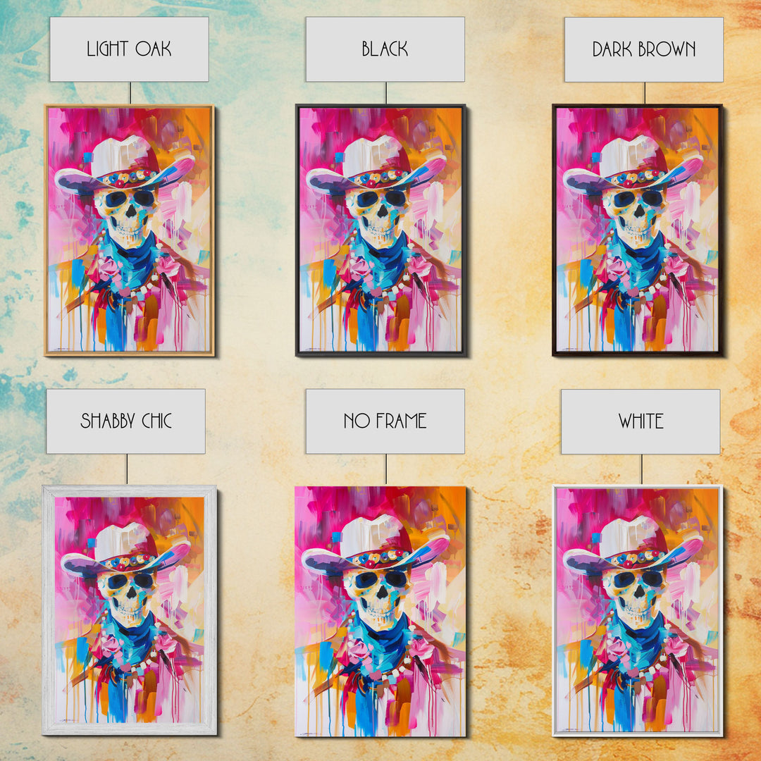 Vibrant Skeleton Cowboy Art - Framed Canvas Print, Colorful Western Decor, Skull Art, Living Room Wall Art, Unique Home Decor