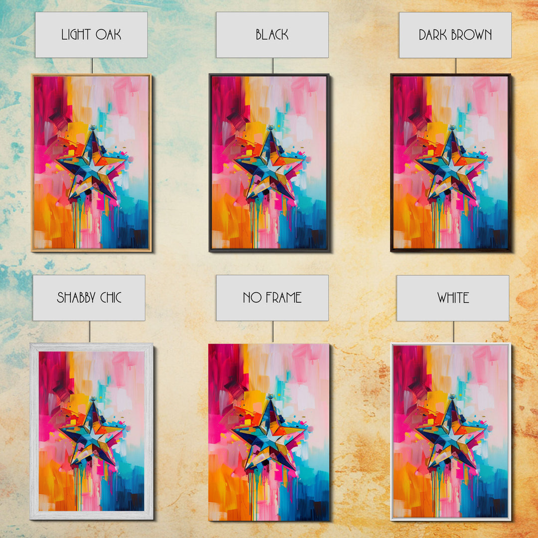 Colorful Abstract Star Wall Art - Framed Canvas Print, Modern Living Room Decor, Vibrant Star Artwork, Bedroom Wall Art