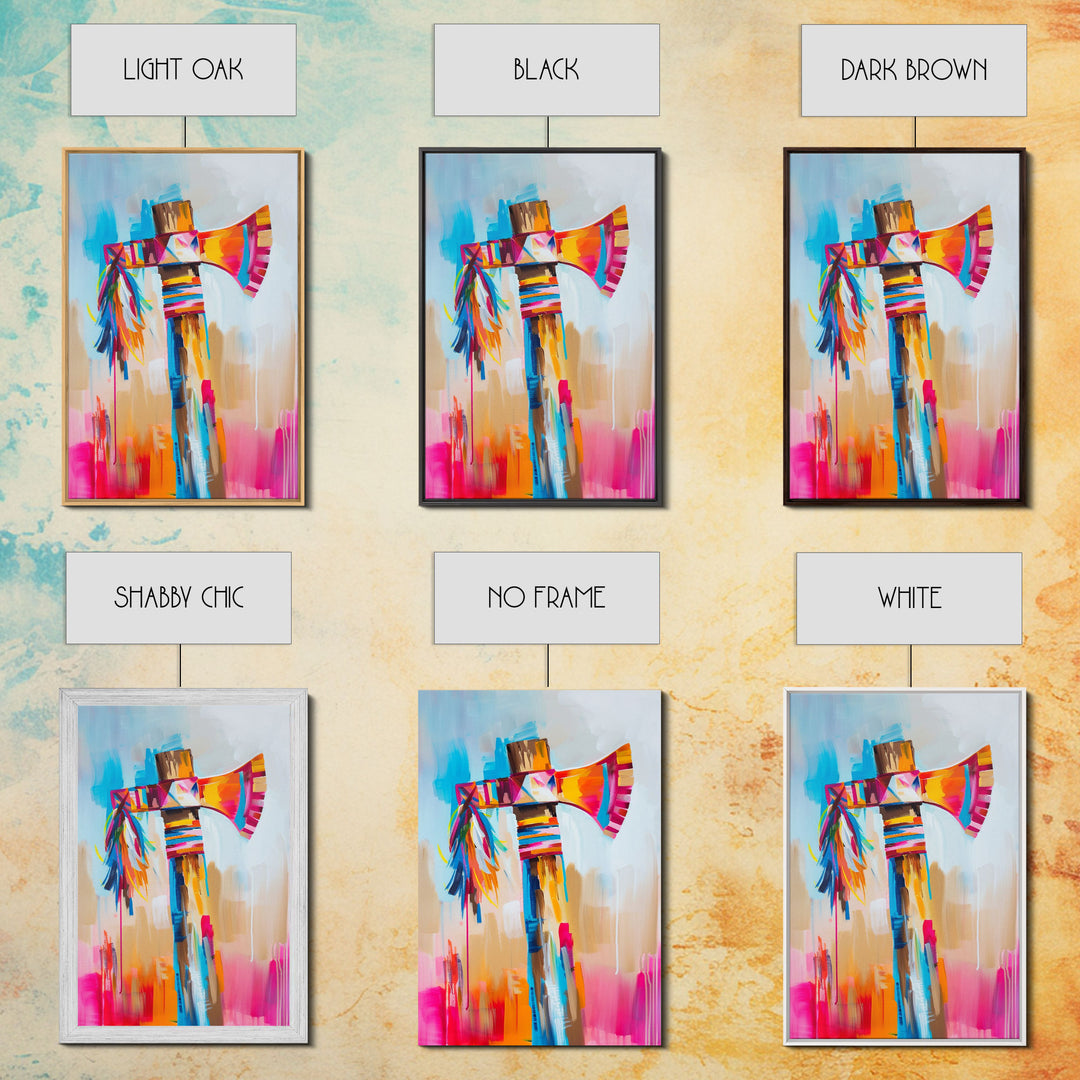 Colorful Feathered Axe Art - Framed Canvas Print, Vibrant Living Room Decor, Unique Wall Art, Modern Home Decor