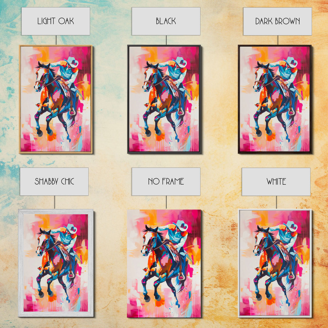 Colorful Cowboy Riding Horse Art - Framed Canvas Print, Vibrant Western Decor, Unique Living Room Wall Art, Home Decor