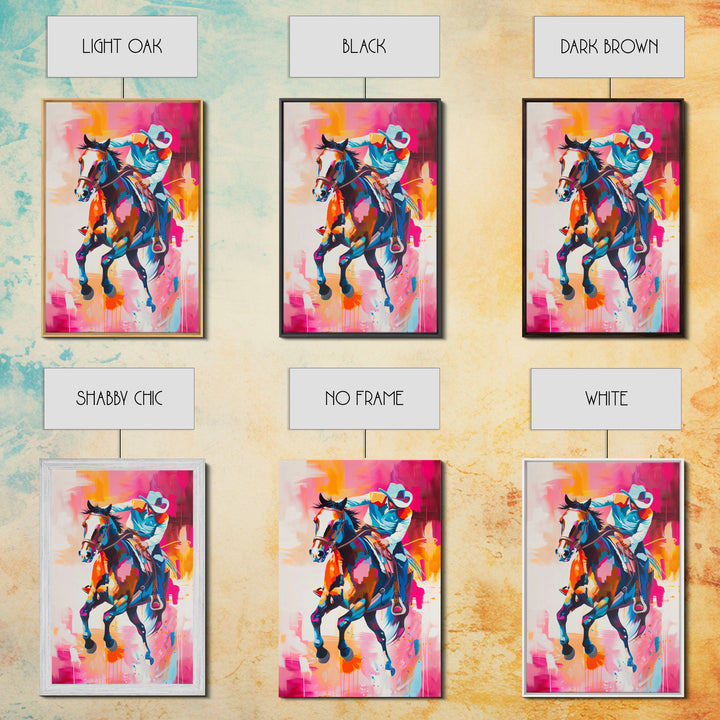 Colorful Cowboy Riding Horse Art - Framed Canvas Print, Vibrant Western Decor, Unique Living Room Wall Art, Home Decor