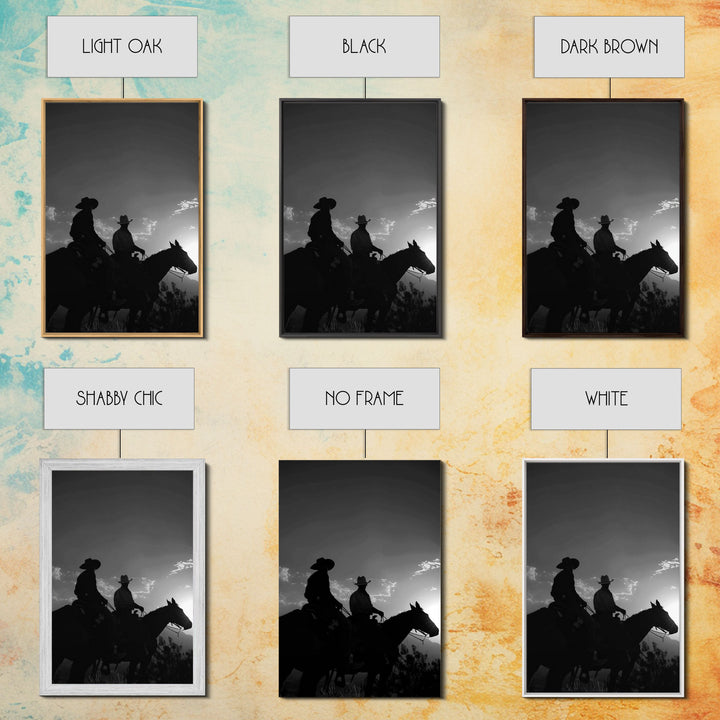 Two Cowboys Riding at Sunset in a Serene Black and White Western Landscape for Wall Art, Canvas Prints, Home Decor, Living Room Art