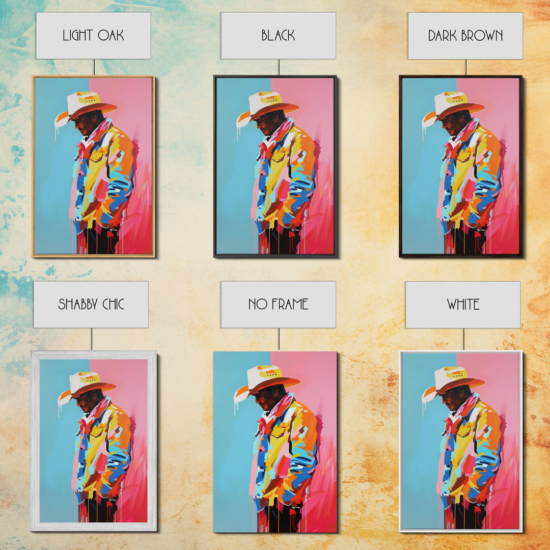 Colorful Pensive Cowboy Art - Framed Canvas Print, Vibrant Living Room Decor, Unique Wall Art, Modern Home Decor