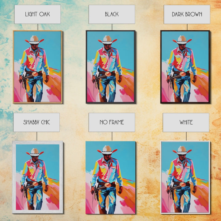 Vibrant Cowboy in Desert Silhouette - Framed Canvas Print, Colorful Western Art, Modern Cowboy Wall Art for Living Room Decor
