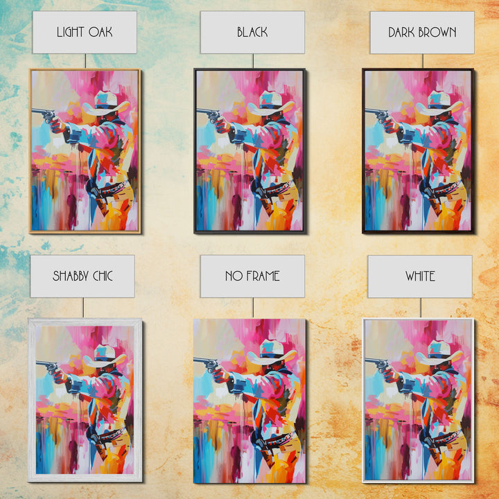 Dynamic Cowboy with Gun - Framed Canvas Print, Action-Packed Western Art, Bold Cowboy Wall Art for Living Room Decor