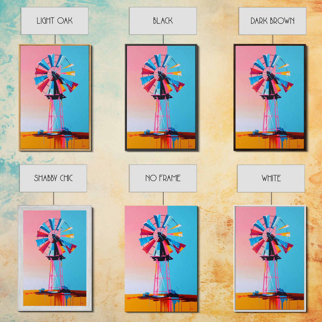 Bright Windmill Abstract Art - Framed Canvas Print, Whimsical Windmill Decor, Colorful Farmhouse Wall Art, Unique Living Room Decor