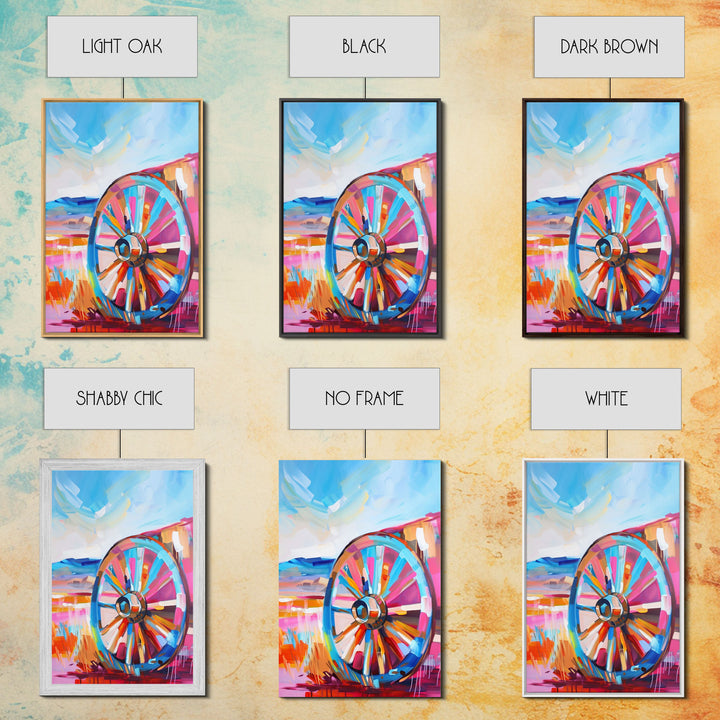 Rustic Wagon Wheel Art - Framed Canvas Print, Colorful Farmhouse Decor, Vibrant Wheel Wall Art, Unique Living Room Artwork