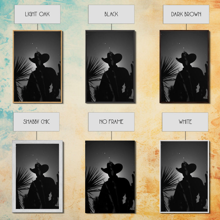 Lone Cowboy Silhouette under the Stars in Black and White for Rustic Wall Art, Canvas Prints, Home Decor, Living Room Art, Bedroom Art