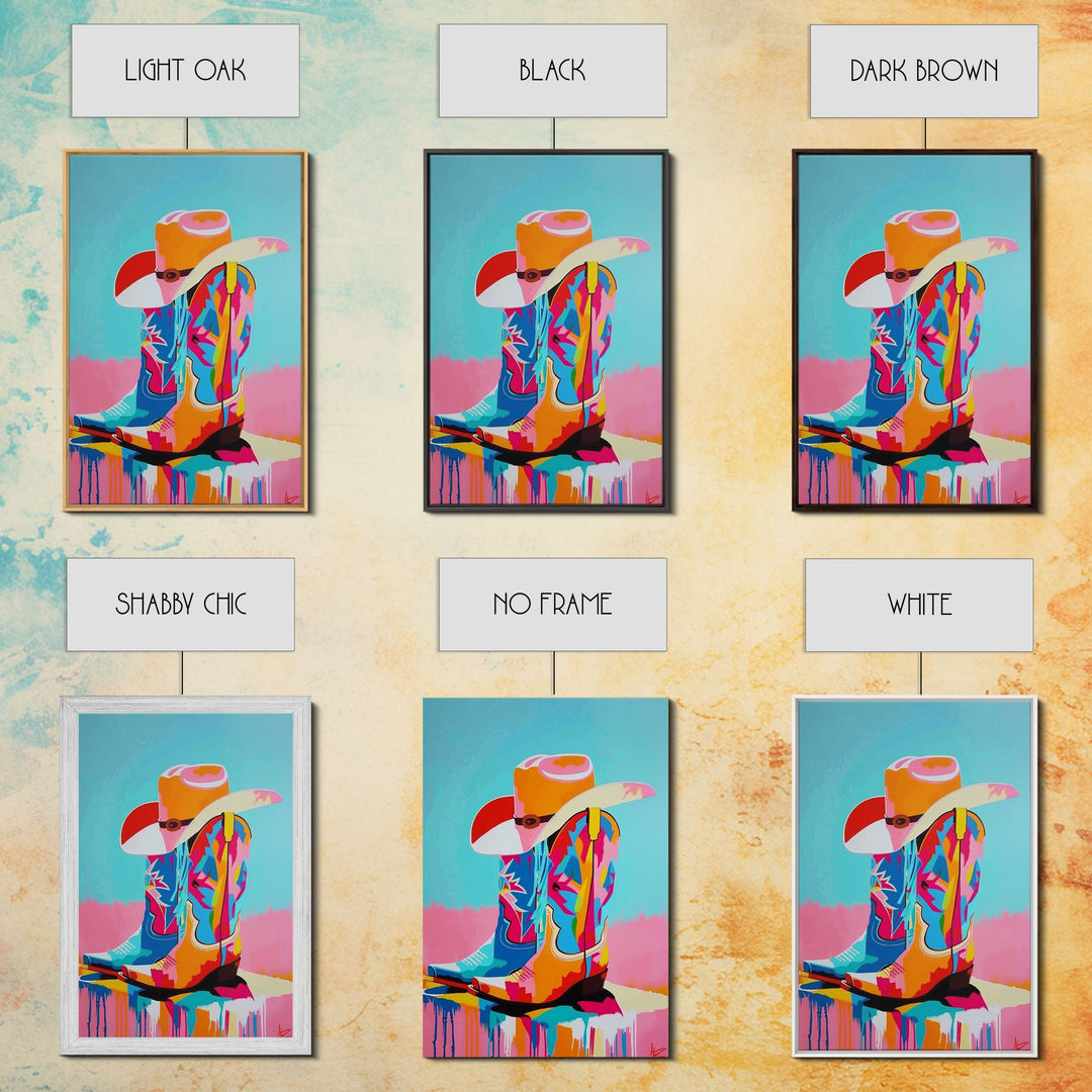 Colorful Cowboy Boots and Hat Illustration - Framed Canvas Print, Vibrant Western Decor, Cowboy Art for Living Room, Western Wall Art