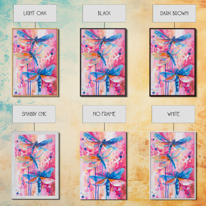 Abstract Dragonfly Trio in Vibrant Colors - Framed Canvas Print, Colorful Nature Art, Living Room Decor, Bedroom Wall Art