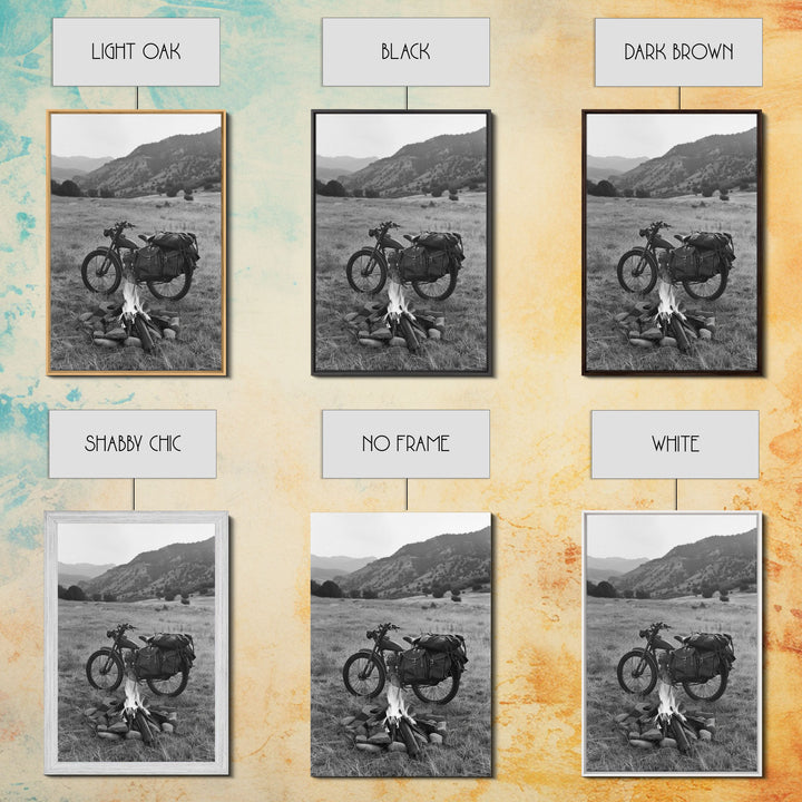 Vintage Motorcycle with Campfire in Black and White for Western Wall Art, Canvas Prints, Rustic Home Decor, Living Room Art, Bedroom Art