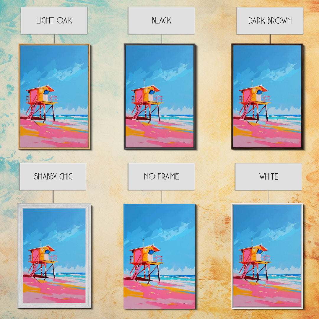 Colorful Lifeguard Tower on Sunny Beach - Framed Canvas Print, Beach House Decor, Coastal Art for Living Room or Office