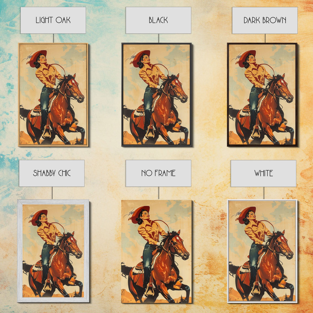 Dynamic Cowgirl on Horseback in Action | Framed Canvas Print | Western Wall Art | Living Room Decor | Rustic Home Decor