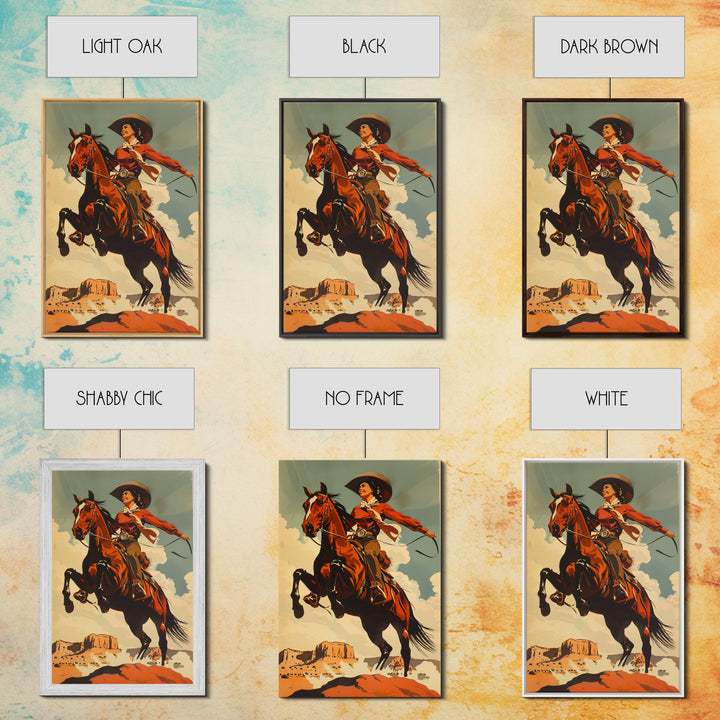 Elegant Cowgirl Commanding Horse | Framed Canvas Print | Western Wall Art | Living Room Decor | Rustic Home Decor