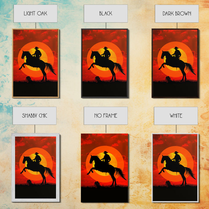 Cowboy on Horse with Dramatic Sunset Background | Framed Canvas Print | Western Silhouette Art | Sunset Cowboy Wall Art for Bedroom