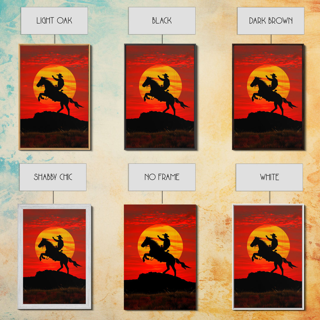 Dynamic Cowboy Horse Ride Silhouette at Sunset | Framed Canvas Print | Western Wall Art | Sunset Horseback Wall Art for Home Decor