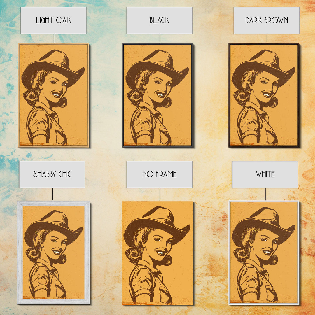 Smiling Retro Cowgirl in Hat Illustration | Framed Canvas Print | Vintage Western Art | Retro Cowgirl Wall Art for Bedroom Decor