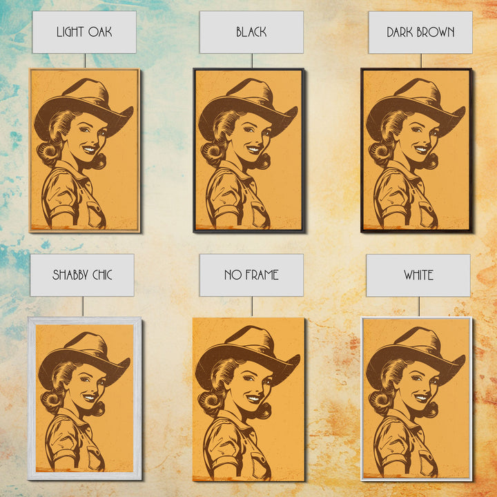 Smiling Retro Cowgirl in Hat Illustration | Framed Canvas Print | Vintage Western Art | Retro Cowgirl Wall Art for Bedroom Decor