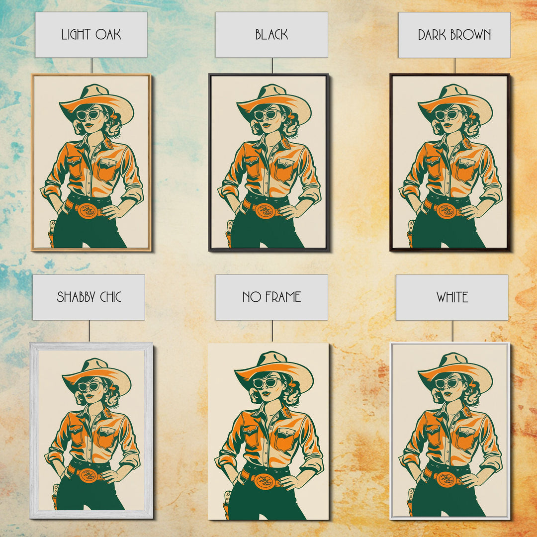 Stylish Retro Cowgirl in Sunglasses Illustration | Framed Canvas Print | Vintage Western Decor | Classic Cowgirl Wall Art for Home