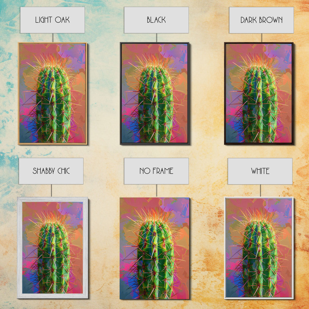 Green Cactus with Orange Spines on Colorful Background - Framed Canvas Print, Bright Desert Decor, Bedroom Art, Cactus Wall Art