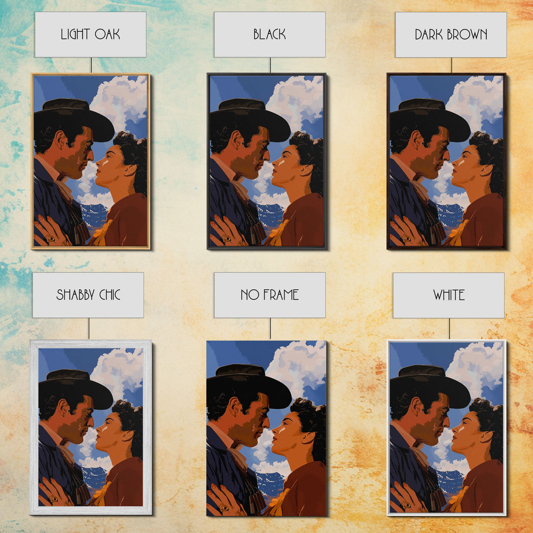 Romantic Cowboy Couple in Western Landscape - Framed Canvas Print, Vintage Western Decor, Bedroom Art, Romantic Wall Art for Home