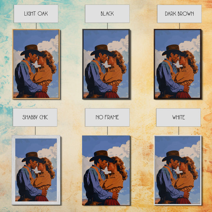 Classic Western Love Scene Under Blue Sky - Framed Canvas Print, Rustic Cowboy Decor, Living Room Art, Romantic Wall Art for Home