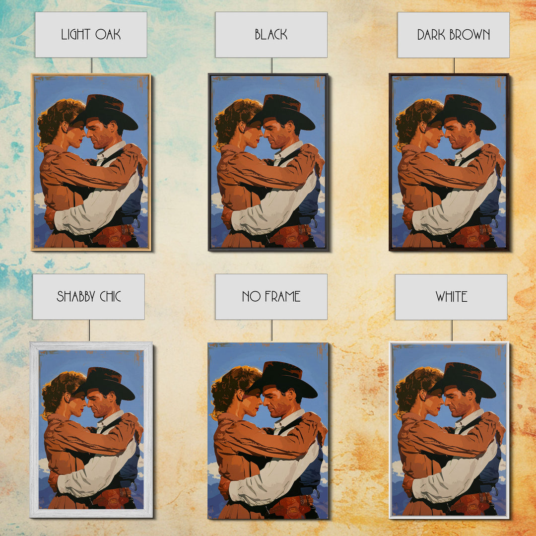 Intimate Western Couple Embracing - Framed Canvas Print, Vintage Western Decor, Bedroom Art, Romantic Wall Art for Home