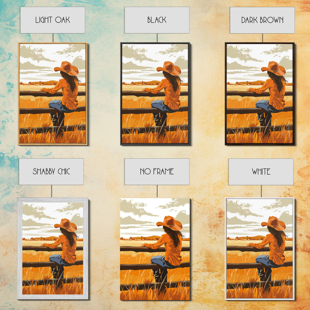 Contemplative Cowgirl on Fence Framed Canvas Print - Serene Western Decor, Country Wall Art for Living Room, Bedroom Artwork