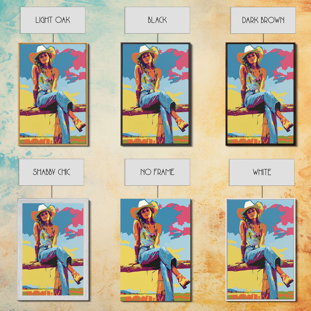 Colorful Cowgirl Portrait Framed Canvas Print - Bright Western Decor, Pop Art Wall Art for Living Room, Bedroom