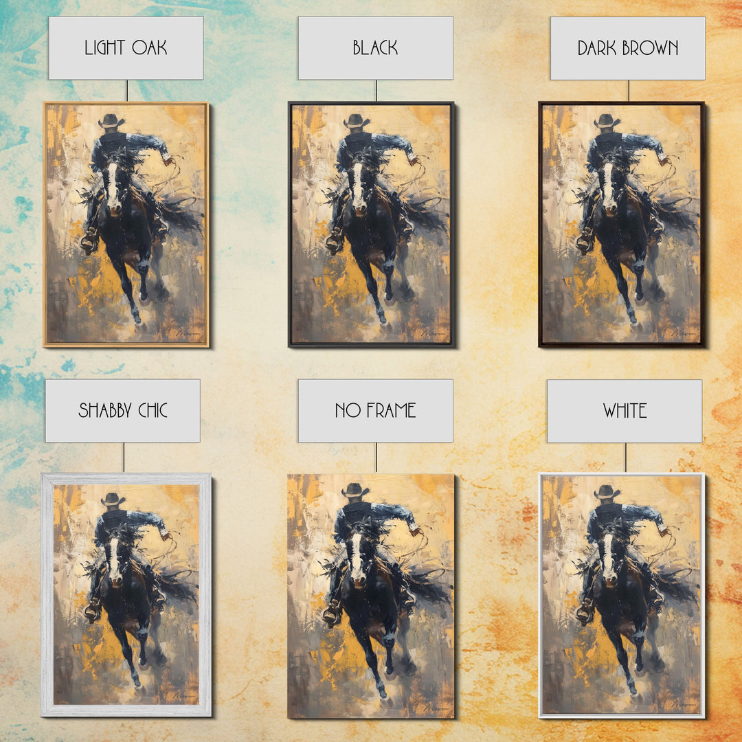 Intense Cowboy Riding Fast Framed Canvas Print - High-Energy Western Decor, Exciting Wall Art for Living Room, Bedroom