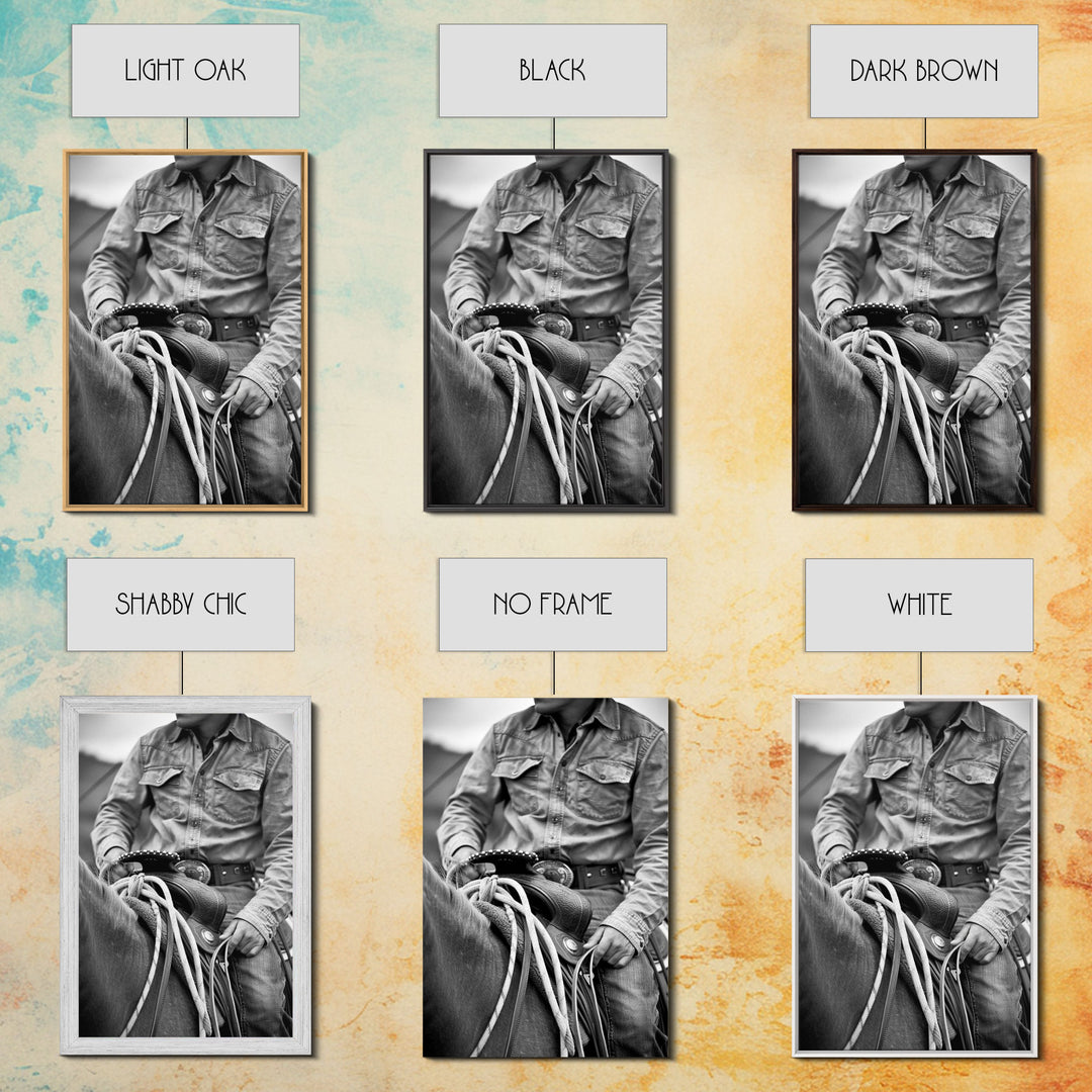 Close-up of cowboy hands holding reins, detailed Western art, black and white photography, Framed Canvas Print, rustic home decor, wall art