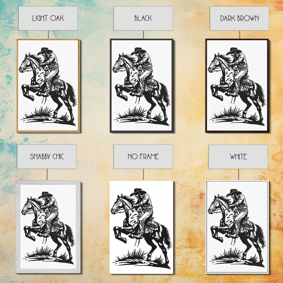 Cowboy Riding Horse with Reins - Framed Canvas Print, Western Wall Art, Rustic Decor, Living Room and Bedroom Art Print