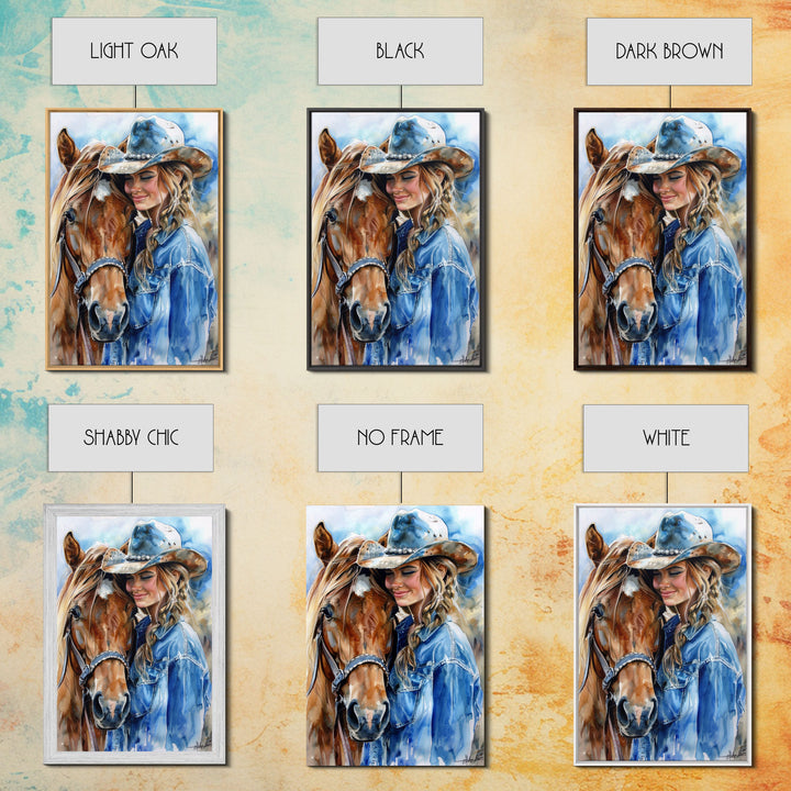 Cowgirl with Horse in Denim Outfit - Framed Canvas Print, Western Wall Art, Rustic Decor, Living Room and Bedroom Art Print