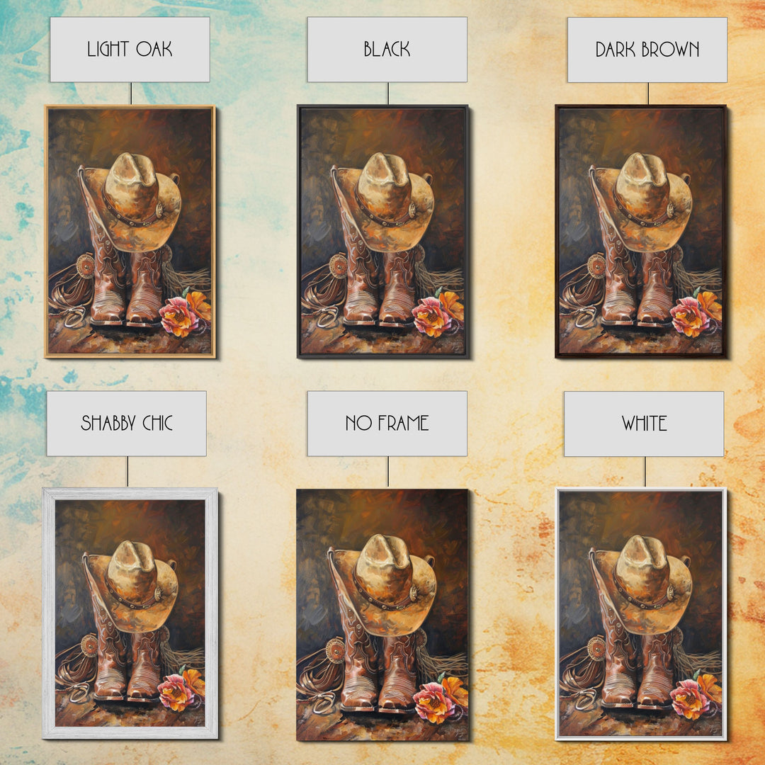 Cowboy Boots and Hat with Flowers Art - Framed Canvas Print, Rustic Wall Decor, Western Bedroom Art, Cowboy Home Decoration