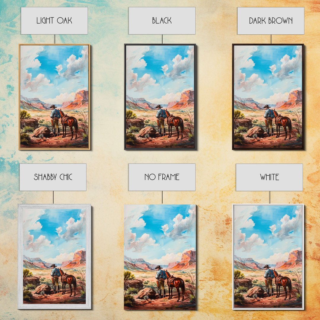 Cowboy and Horse Desert Scene Art - Framed Canvas Print, Western Living Room Decor, Cowboy Wall Art, Desert Home Decoration