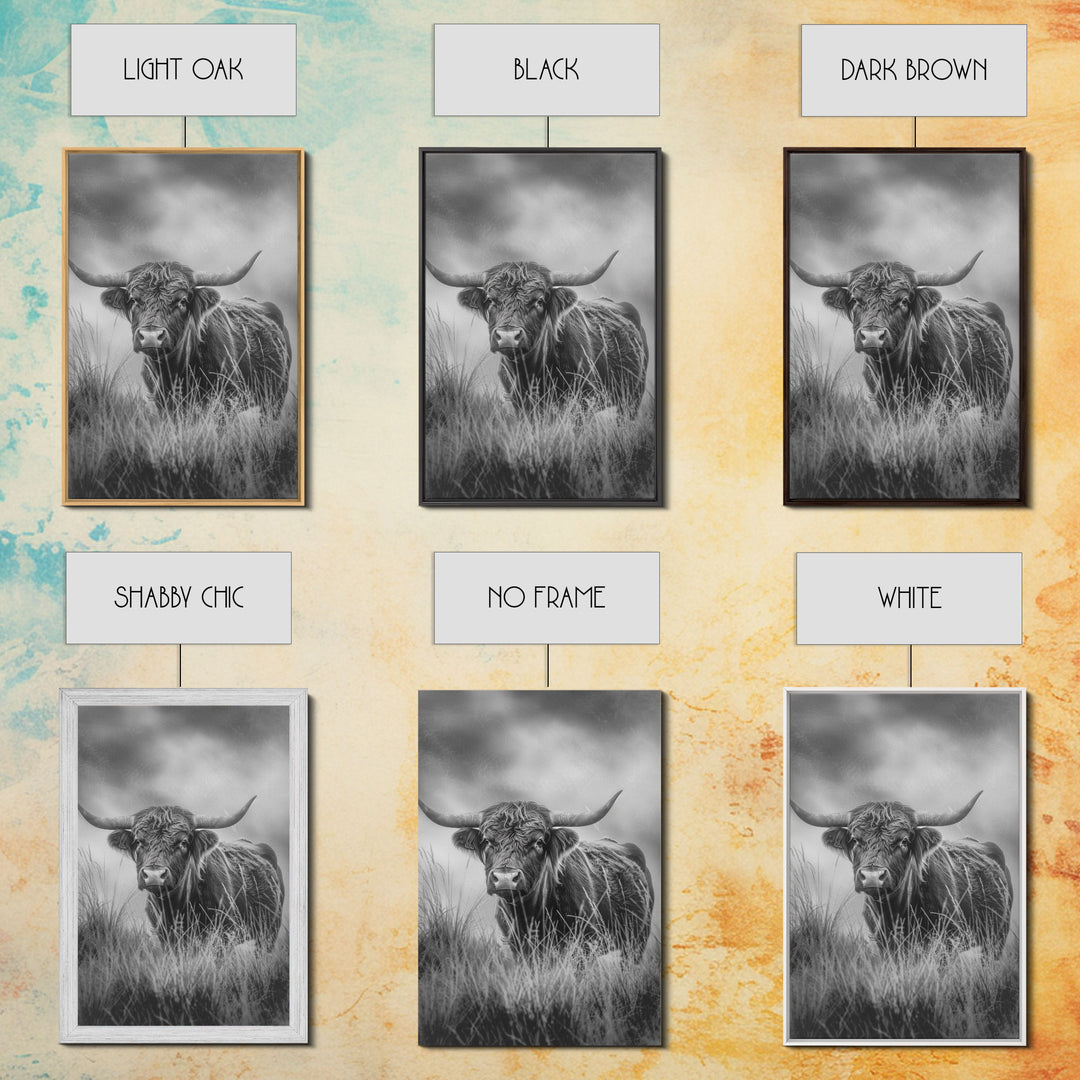 longhorn cow in field, black and white Western decor, rustic home art, Framed Canvas Print, vintage wall art for living room or bedroom