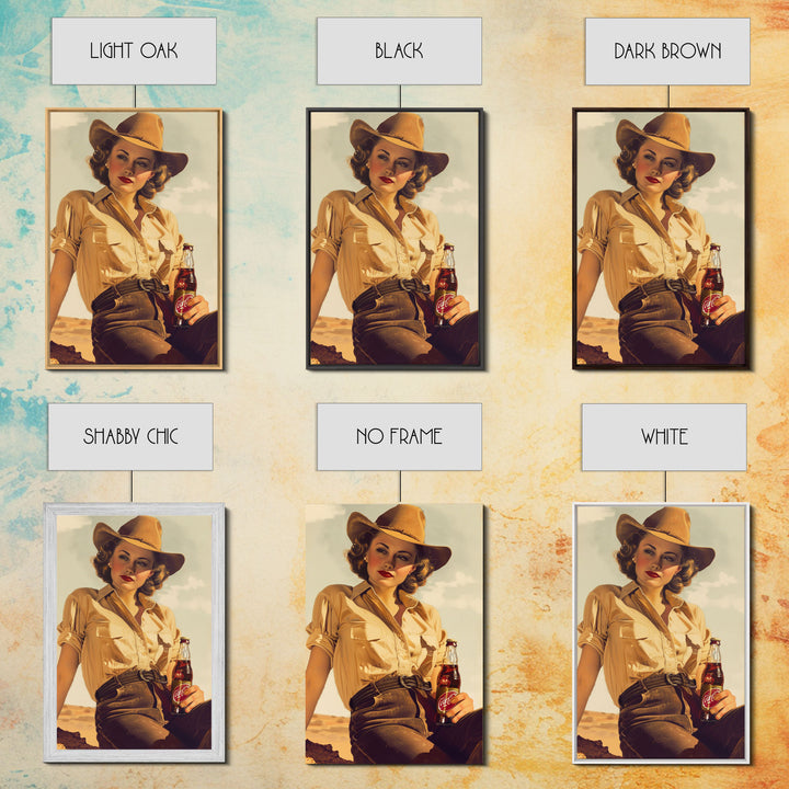 Cowgirl with Beverage Classic Art - Framed Canvas Print, Rustic Bedroom Decor, Cowgirl Wall Art, Vintage Home Decoration