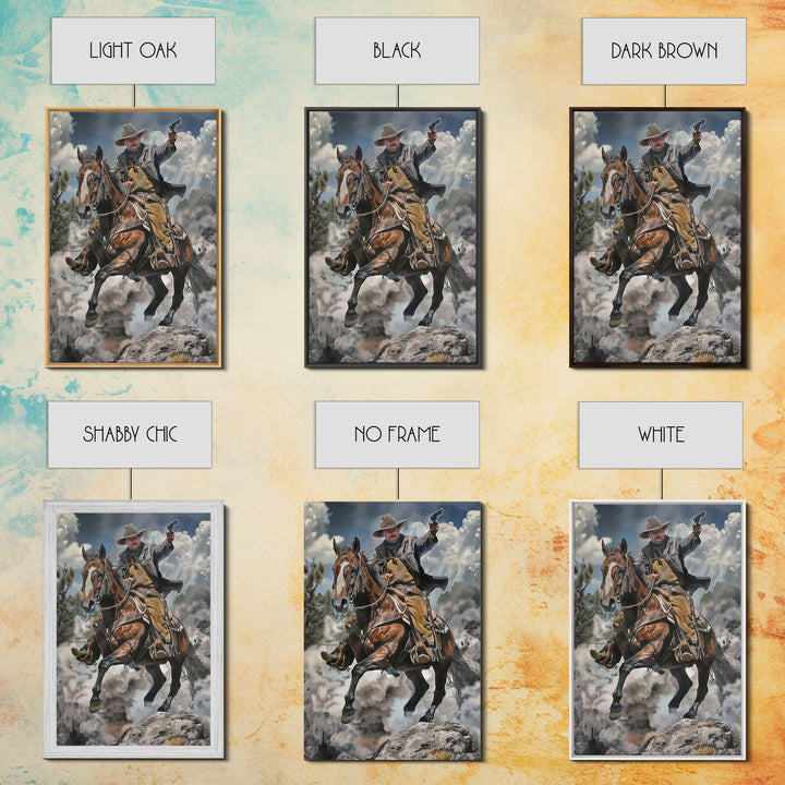 Framed Canvas Print, Cowboy Riding Horse with Gun Wall Art, Western Style Artwork for Living Room or Bedroom Decor, Dynamic Home Art Piece