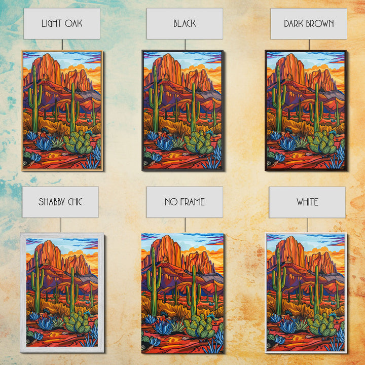 Framed Canvas Print, Cactus and Mountain Sunset Wall Art, Colorful Desert Landscape for Living Room or Bedroom Decor, Southwest Art Poster
