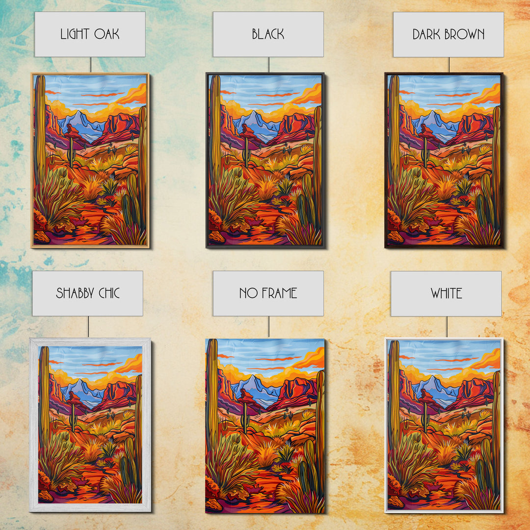 Framed Canvas Print, Desert Landscape with Cacti Wall Art, Colorful Southwest Decor for Living Room or Bedroom, Nature Art Poster Piece