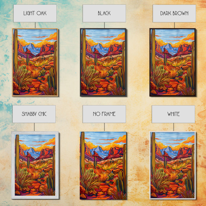 Framed Canvas Print, Desert Landscape with Cacti Wall Art, Colorful Southwest Decor for Living Room or Bedroom, Nature Art Poster Piece