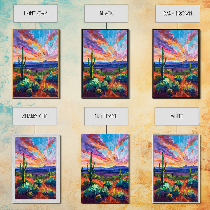 Framed Canvas Print, Cacti and Mountains at Sunset Wall Art, Vibrant Southwest Decor for Living Room or Bedroom, Nature Art Decoration Piece