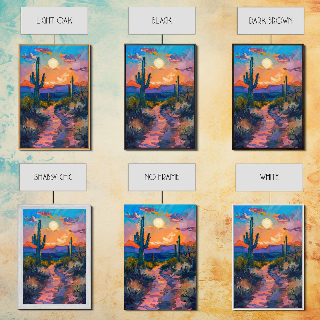 Framed Canvas Print, Colorful Desert Sunset with Cacti Wall Art, Southwest Landscape for Living Room or Bedroom, Vibrant Wall Art Piece