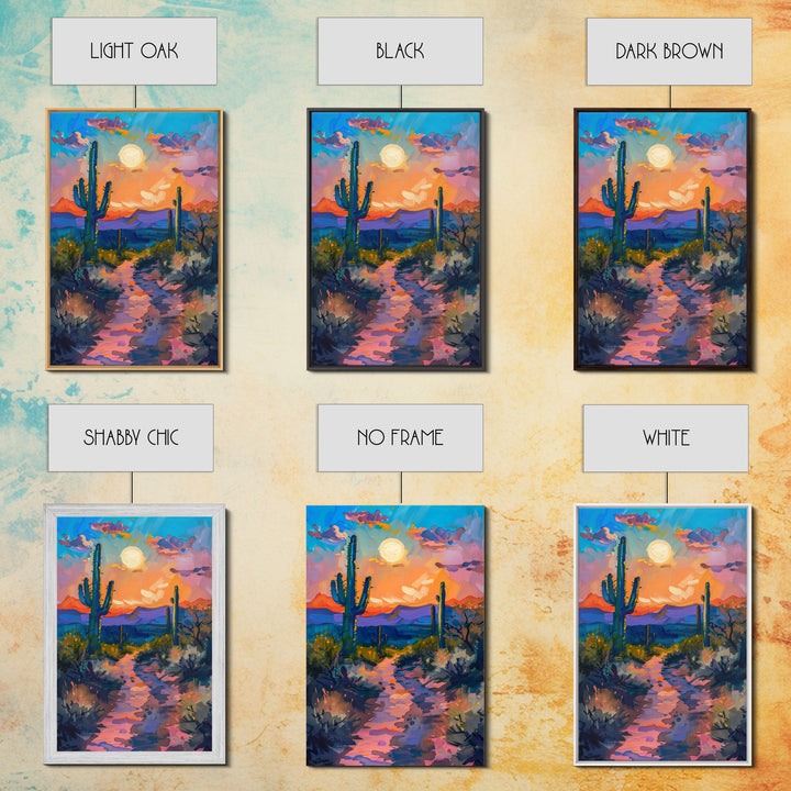 Framed Canvas Print, Colorful Desert Sunset with Cacti Wall Art, Southwest Landscape for Living Room or Bedroom, Vibrant Wall Art Piece